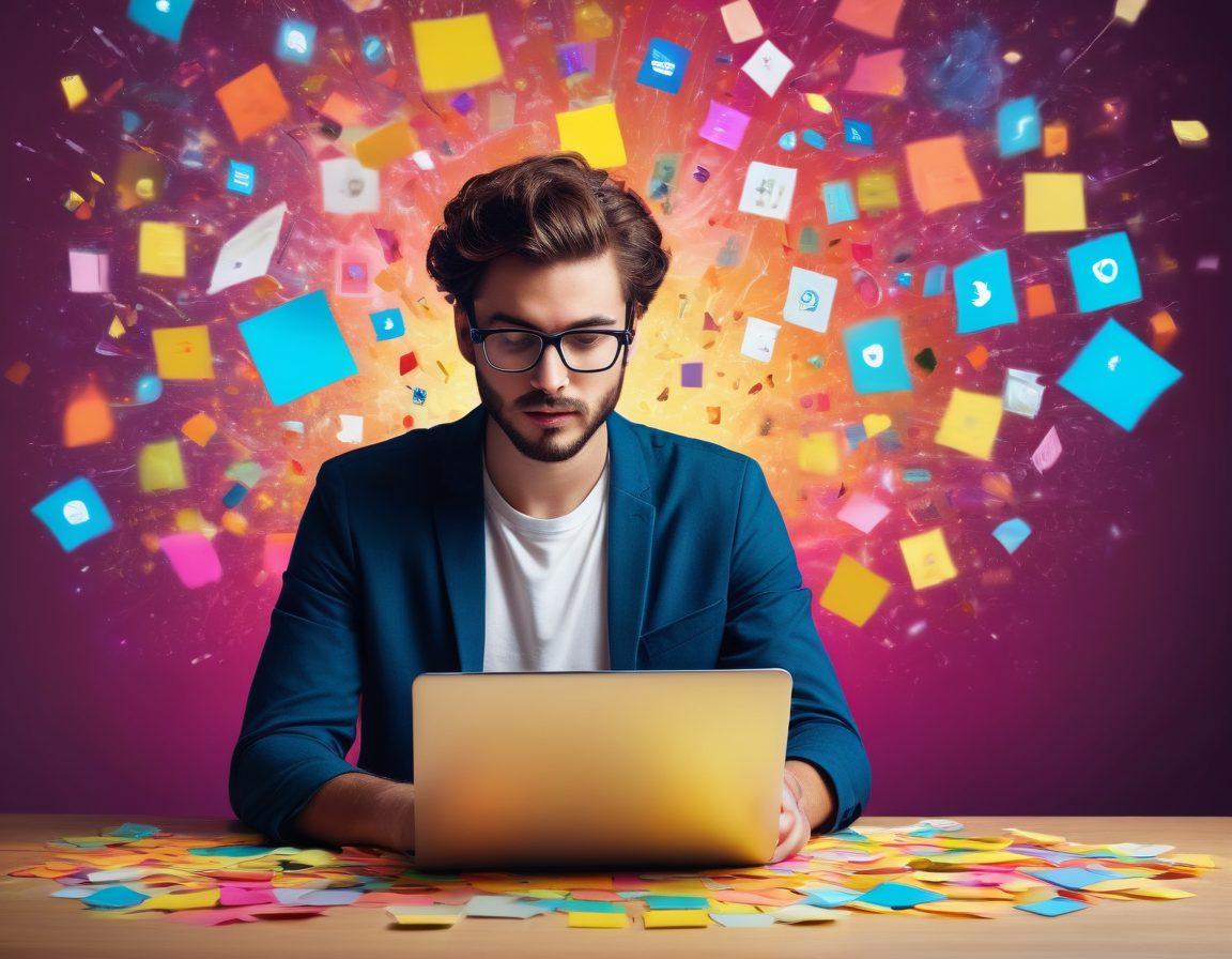 An artistic representation of a person typing on a laptop, surrounded by colorful post-it notes and snippets of social media icons. Include a glowing light bulb above their head to symbolize creativity and inspiration. The background should feature abstract shapes and vibrant colors that reflect quick thought processes. The elements should be arranged in a dynamic, energetic way to illustrate the essence of short-form content creation. vibrant colors. digital art. abstract style.
