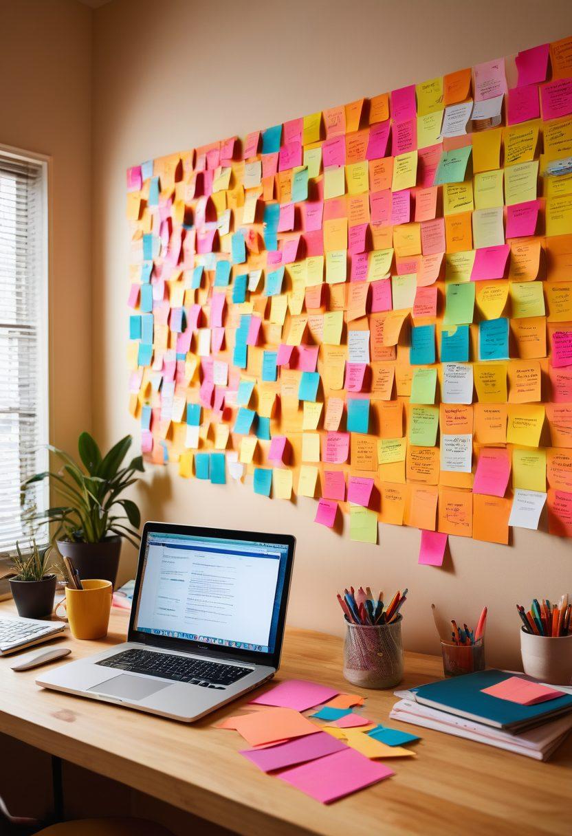 A creative workspace filled with colorful sticky notes and a laptop displaying microblogging statistics. Include a person writing passionately, surrounded by social media icons and snippets of brief, impactful content swirling around like thought bubbles. Warm, inviting lighting to create a cozy atmosphere. Use a modern and clean design style. vibrant colors. digital art.