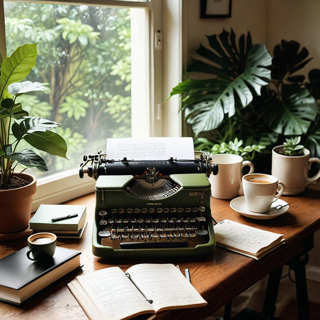 A cozy workspace featuring a vintage typewriter, a steaming cup of coffee, and an open notebook filled with handwritten notes. A soft light illuminates the scene, with personal items like a photo frame and plants in the background. The overall ambiance evokes creativity and reflection, encouraging viewers to think about their own online diaries. warm colors. super-realistic. inviting atmosphere.